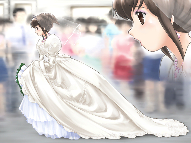 mashiro yuu, ohyuki, ooyuki, joushima ayumi, okashi na futari, gender request, 1girl, bell line gown, blurry, bride, brown eyes, brown hair, dress, genderswap, petticoat, puffy sleeves, wedding dress