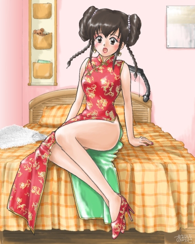 mashiro yuu, ohyuki, ooyuki, joushima ayumi, okashi na futari, lowres, 1girl, bed, blush, brown eyes, brown hair, china dress, chinese clothes, dress, female focus, genderswap, genderswap (mtf), high heels, shoes, solo