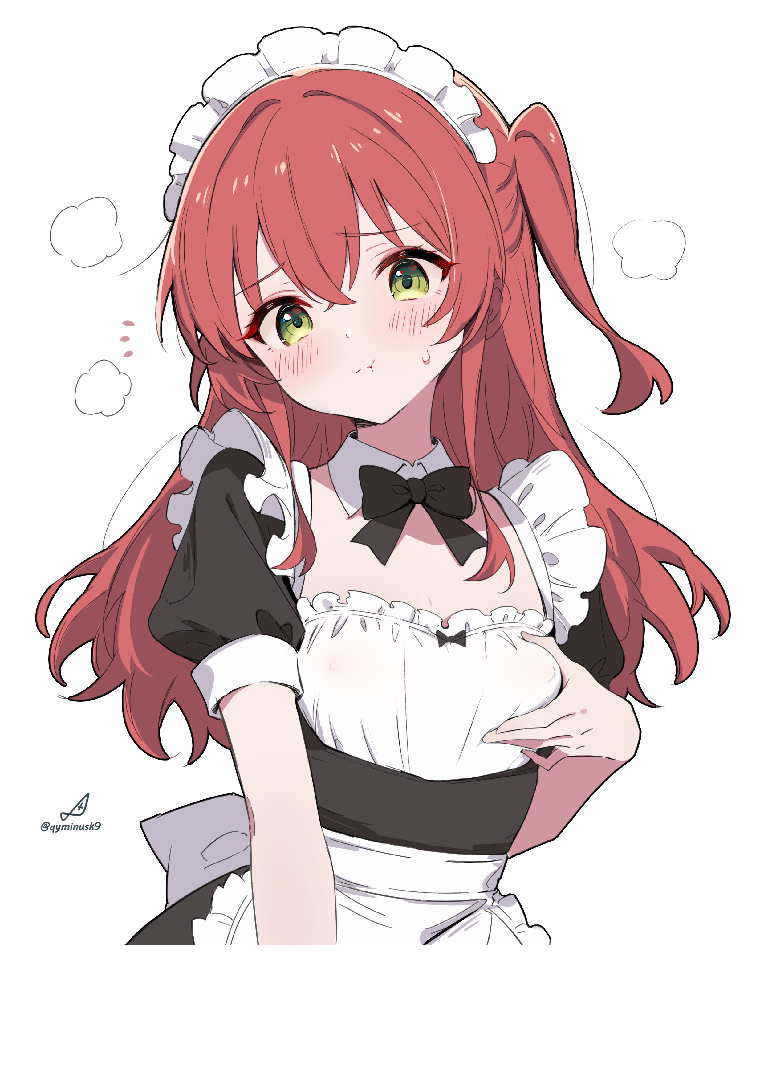 minusk9, kita ikuyo, bocchi the rock!, absurdres, highres, 1girl, :t, alternate costume, black bow, black bowtie, blush, bow, bowtie, breasts, cleavage, covered erect nipples, embarrassed, enmaided, long hair, looking at viewer, maid, maid headdress, one side up, pout, puffy short sleeves, puffy sleeves, red hair, short sleeves, simple background, small breasts, solo, twitter username, upper body, white background
