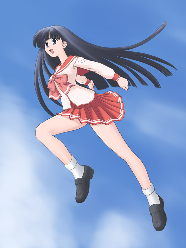 tofu juuji, kusakabe yuuki (to heart 2), to heart (series), to heart 2, toki wo kakeru shoujo, 1girl, black hair, blue eyes, blunt bangs, female focus, long hair, parody, school uniform, serafuku, solo, trait connection