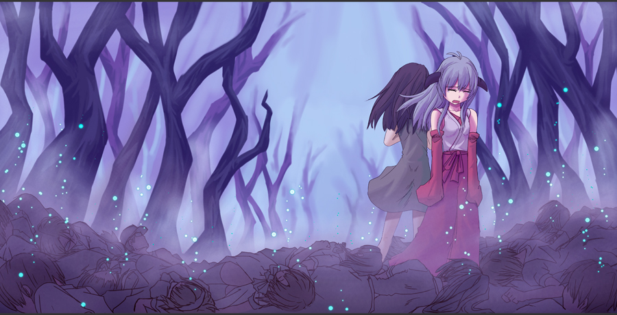 808, furude rika, hanyuu, higurashi no naku koro ni, minagoroshi-hen, 00s, 2girls, bare tree, corpse, death, fog, full body, hakama, hakama skirt, japanese clothes, long hair, long skirt, long sleeves, multiple girls, outdoors, plant, purple hair, red hakama, red skirt, skirt, tree, very long hair, walking