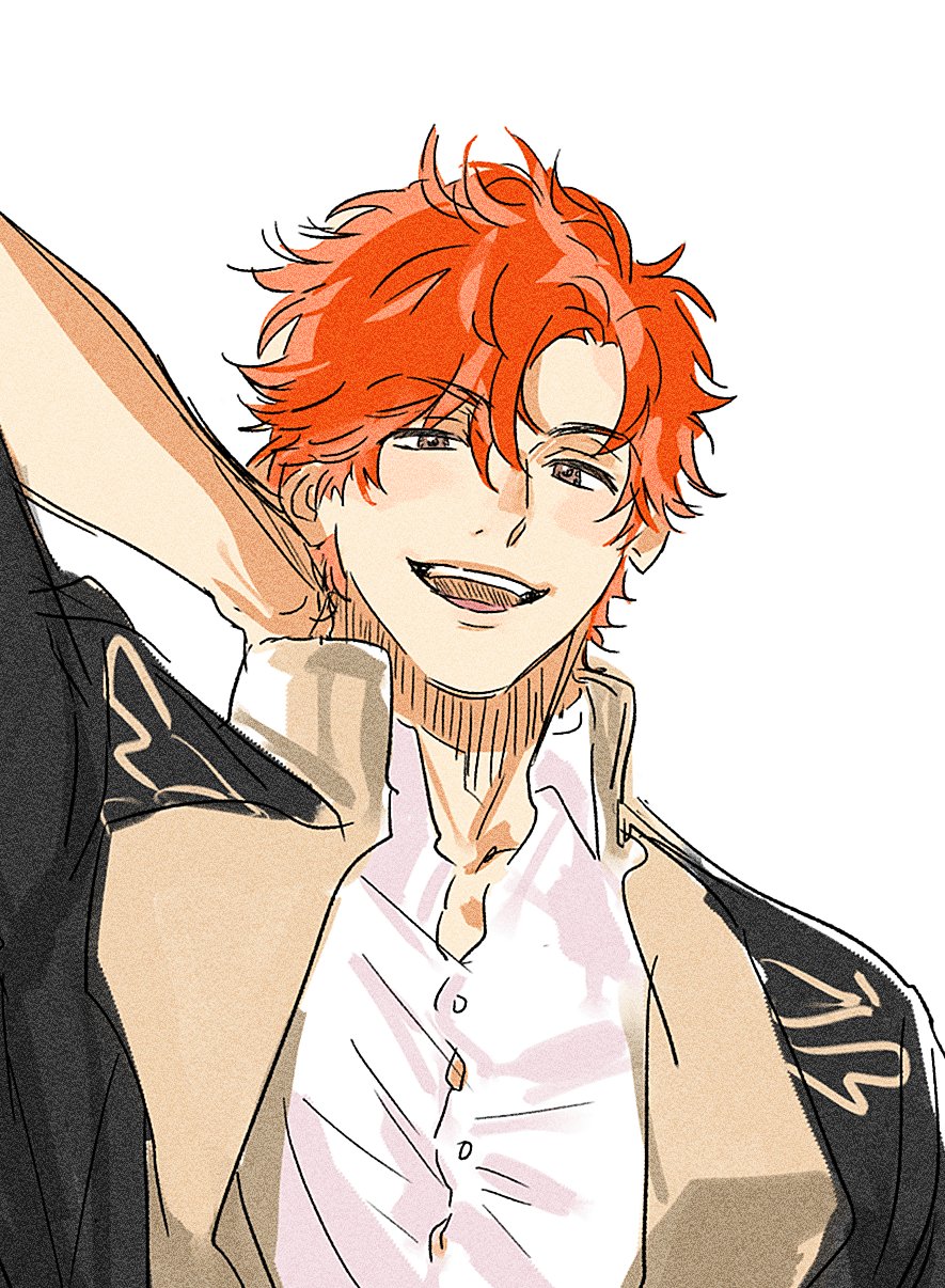 sylvain jose gautier, fire emblem, fire emblem: three houses, nintendo, commentary request, highres, korean commentary, 1boy, arm behind head, arm up, brown eyes, buttons, collared jacket, collared shirt, garreg mach monastery uniform, jacket, lapels, looking at viewer, male focus, open collar, open mouth, parted hair, popped collar, red hair, school uniform, shirt, short hair, simple background, smile, sodog20, solo, teeth, upper body, upper teeth only, white background, white shirt, wing collar
