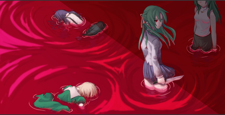 808, furude rika, houjou satoko, sonozaki mion, sonozaki shion, higurashi no naku koro ni, meakashi-hen, 00s, 4girls, blonde hair, blood, blue hair, dual persona, green hair, half updo, knife, multiple girls, school uniform, serafuku, siblings, sisters, twins