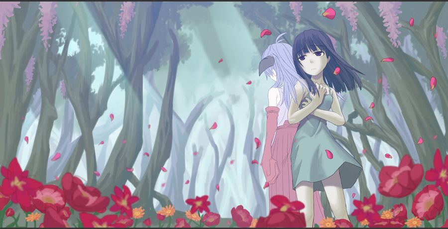 808, furude rika, hanyuu, higurashi no naku koro ni, minagoroshi-hen, silver hair, 00s, 2girls, back-to-back, bare legs, black hair, blue eyes, blush, dress, field, flower, flower field, from below, full body, green dress, hakama, hakama skirt, japanese clothes, long hair, long sleeves, multiple girls, outdoors, red hakama, skirt, standing