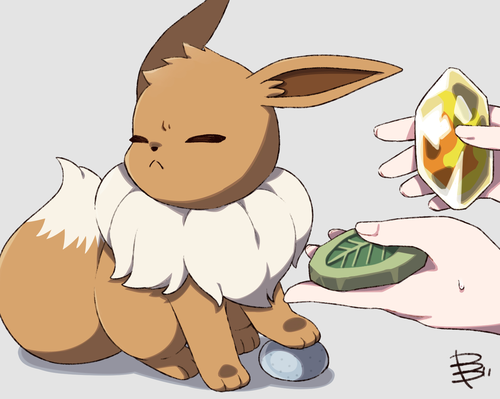 yamada sakura, eevee, nintendo, pokemon, highres, 1other, animal focus, brown fur, closed eyes, closed mouth, everstone, evolution stone, evolutionary stone, fire stone, frown, full body, gen 1 pokemon, holding, leaf stone, pokemon (creature), pokemon focus, simple background, tail