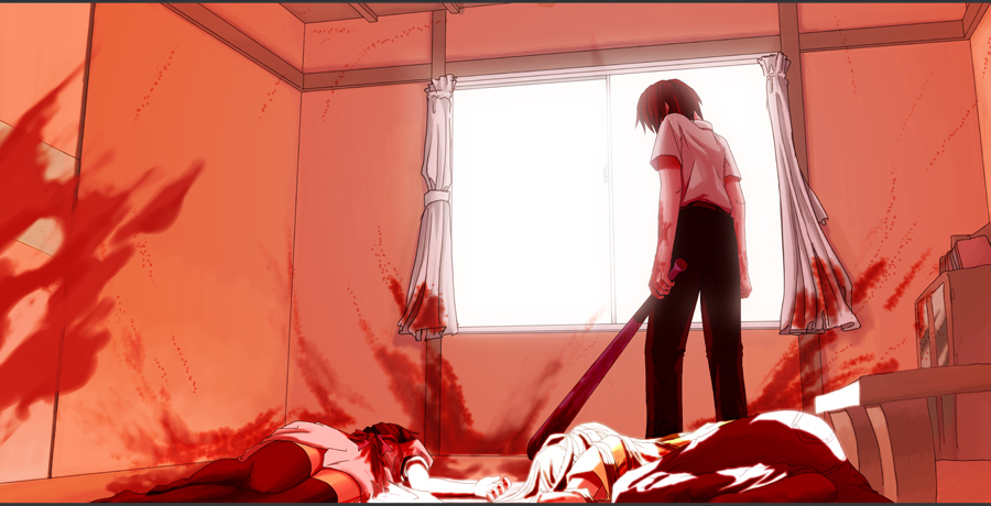808, maebara keiichi, ryuuguu rena, sonozaki mion, higurashi no naku koro ni, onikakushi-hen, black legwear, spoilers, 00s, 1boy, 2girls, baseball bat, belt, blood, corpse, death, dress, from behind, indoors, male focus, multiple girls, murder, pants, room, shelf, shirt, short sleeves, standing, sunlight, thighhighs, weapon, white dress, white shirt, window, zettai ryouiki