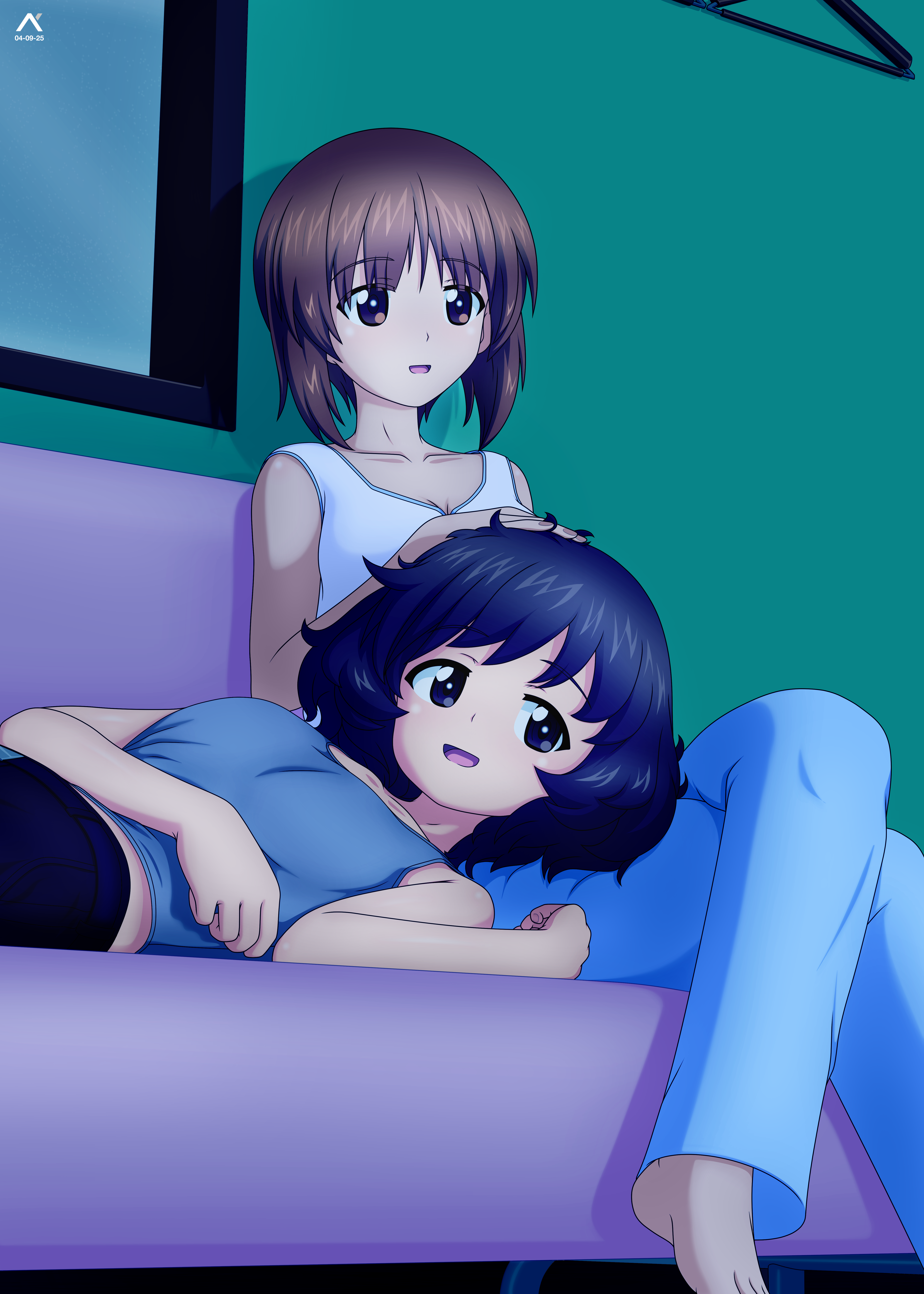 acrux, akiyama yukari, nishizumi miho, girls und panzer, 2girls, blush, breasts, brown eyes, brown hair, indoors, lap pillow, large breasts, multiple girls, open mouth, short hair, smile, yuri
