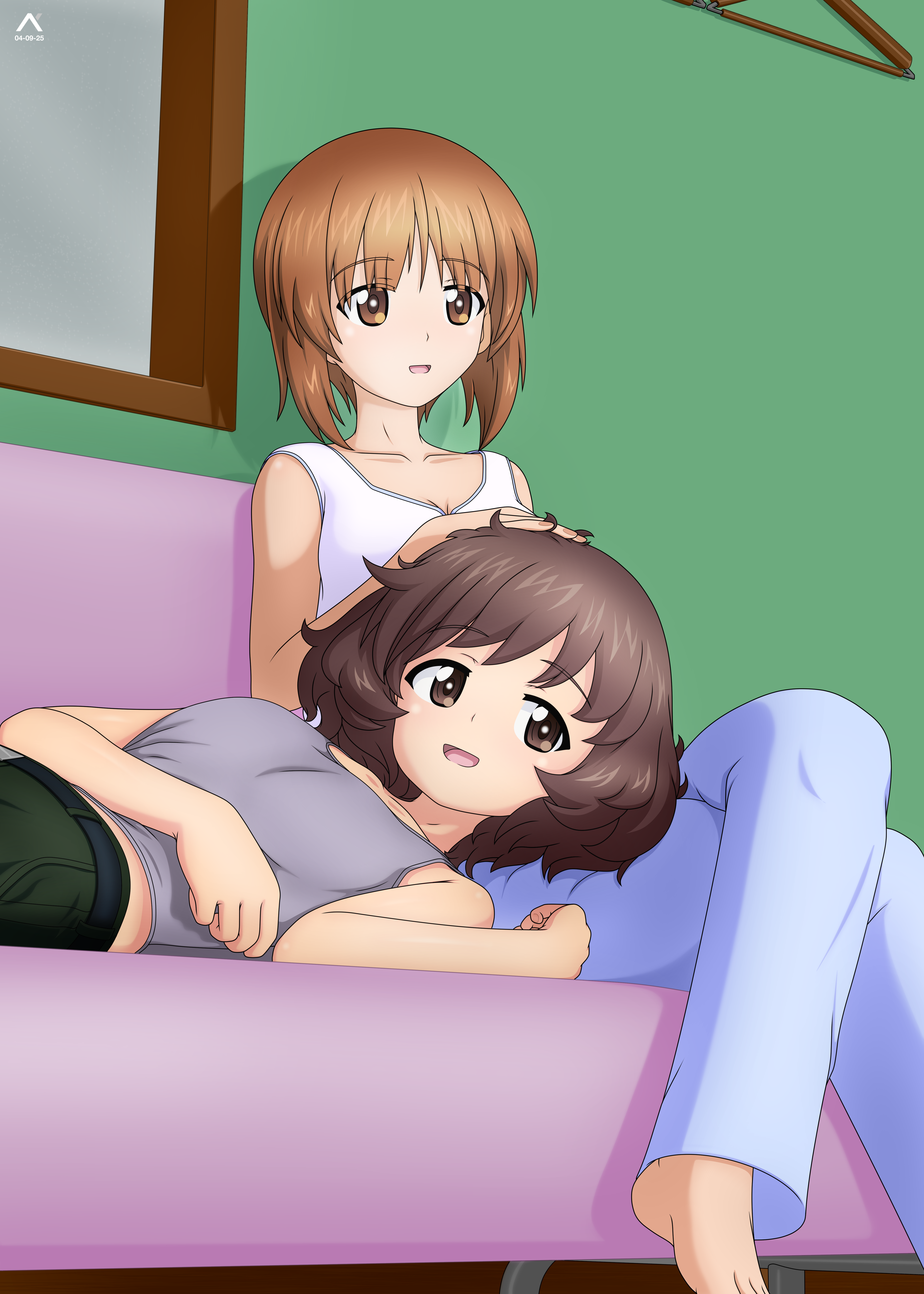 acrux, akiyama yukari, nishizumi miho, girls und panzer, 2girls, blush, breasts, brown eyes, brown hair, indoors, lap pillow, large breasts, multiple girls, open mouth, short hair, smile, yuri