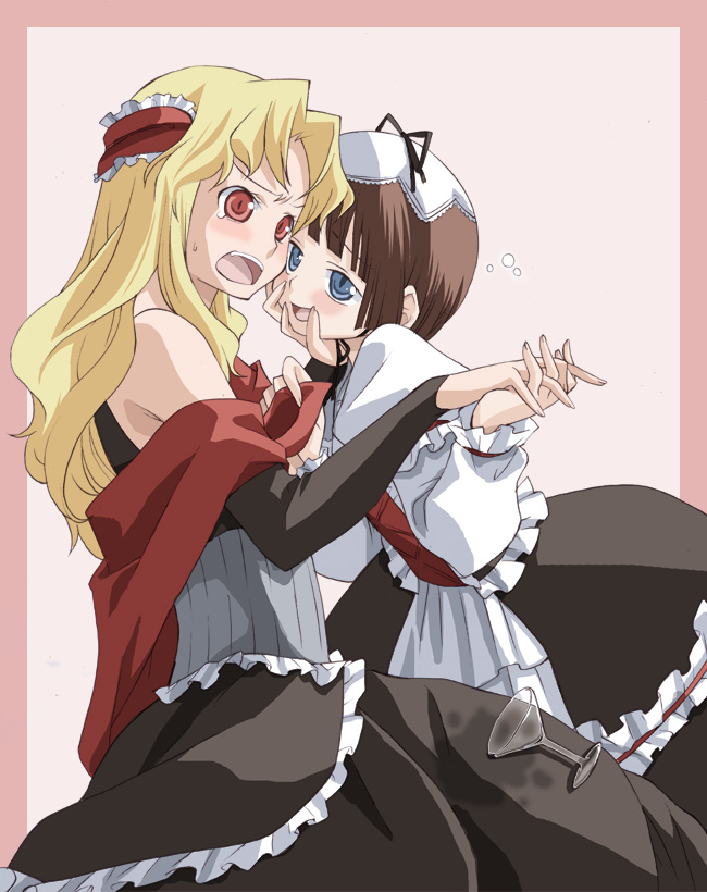 takano natsuki, january (coyote ragtime show), sep, september (coyote ragtime show), coyote ragtime show, 00s, 2girls, :d, bare shoulders, black dress, blonde hair, blue eyes, blunt bangs, blush, border, brown hair, corset, cowboy shot, cup, dress, drinking glass, drunk, frilled dress, frilled hairband, frills, furrowed brow, hairband, hand on another's face, hat, holding hands, interlocked fingers, leaning forward, long hair, long sleeves, multiple girls, off-shoulder dress, off shoulder, open mouth, pink background, pink border, red eyes, shawl, short hair, simple background, smile, sweat, teardrop, white hat, wine glass, yuri
