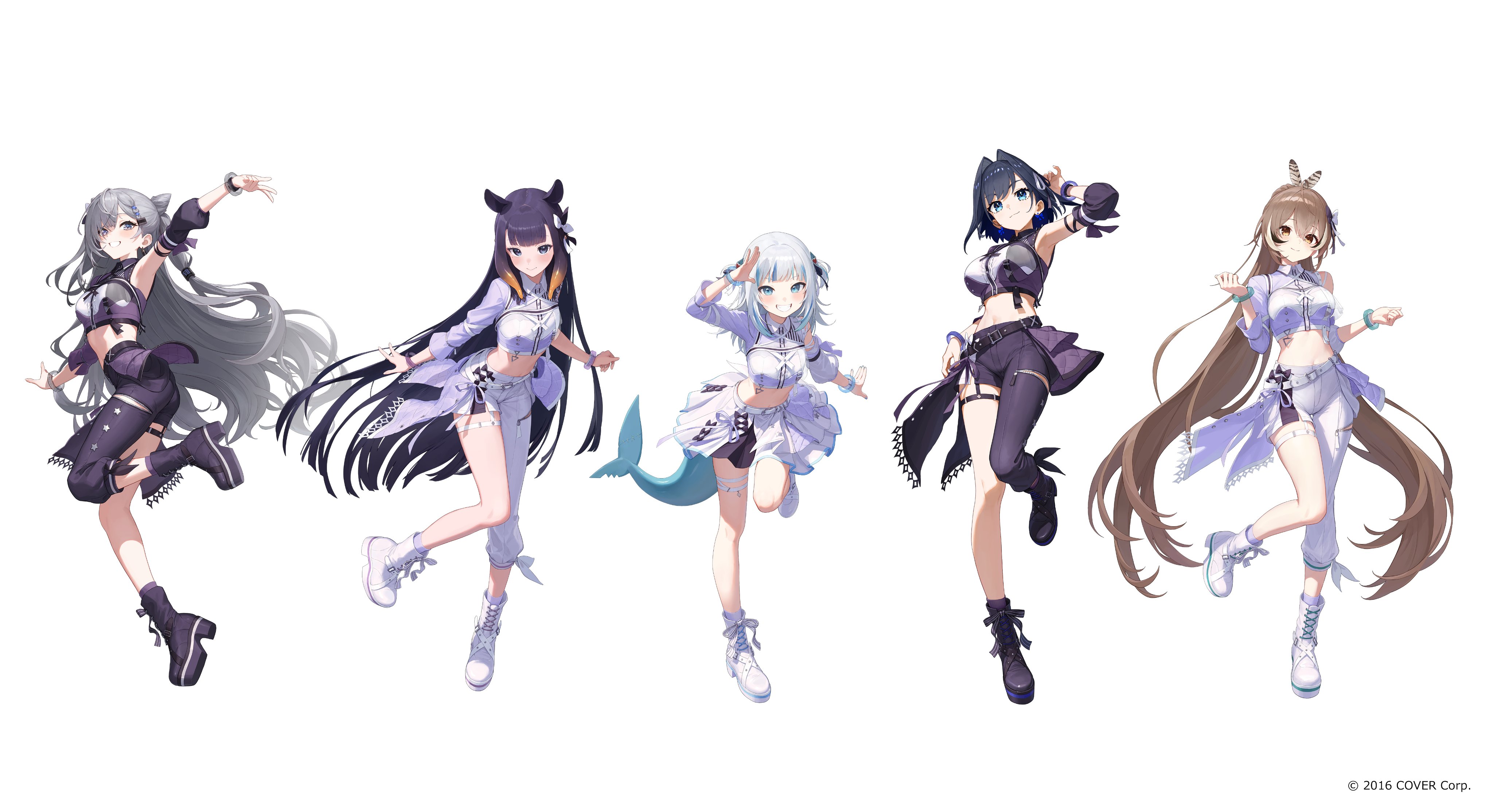 matsuo shogo, gawr gura, nanashi mumei, ninomae ina'nis, ouro kronii, vestia zeta, hololive, hololive english, hololive indonesia, absurdres, commentary request, highres, official art, 5girls, ahoge, asymmetrical clothes, black boots, black hair, black pants, black roots, blue eyes, blue hair, blunt bangs, boots, bow, braid, brown eyes, brown hair, center-flap bangs, collared shirt, colored inner hair, cone hair bun, copyright notice, cropped shirt, crossed bangs, detached sleeves, double-parted bangs, double bun, fins, fish tail, full body, gradient hair, grey hair, hair between eyes, hair bow, hair bun, hair intakes, hair ribbon, hololive idol uniform (color rise), idol, idol clothes, lace-up boots, medium hair, midriff, multicolored hair, multiple girls, official alternate costume, orange hair, pants, platform boots, pointy ears, puffy detached sleeves, puffy short sleeves, puffy sleeves, purple hair, ribbon, shark girl, shark tail, shirt, short hair, short sleeves, sidelocks, simple background, single detached sleeve, single pantsleg, single sleeve, skirt, split ponytail, straight hair, streaked hair, tail, tentacle hair, thigh strap, two side up, virtual youtuber, white background, white boots, white pants, white skirt