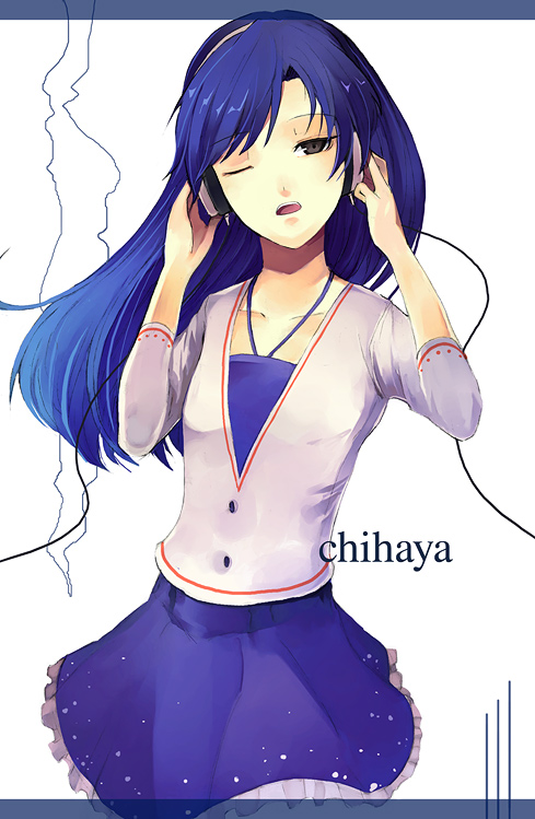pos (shiratama-ya), kisaragi chihaya, idolmaster, idolmaster (classic), idolmaster 1, 00s, 1girl, ;d, arms up, belt, blue eyes, blue hair, blue skirt, breasts, cable, cleavage, collarbone, female focus, headphones, long hair, long sleeves, looking at viewer, matching hair/eyes, one eye closed, open mouth, simple background, skirt, small breasts, smile, solo, white background