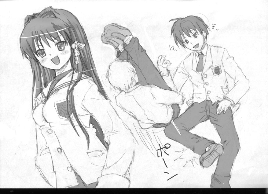 55kb, fujibayashi kyou, okazaki tomoya, sunohara youhei, clannad, 00s, 1girl, 2boys, blush, greyscale, hair ribbon, kobayashi kyou, long hair, monochrome, multiple boys, ribbon, school uniform, serafuku, short hair, smile, smirk