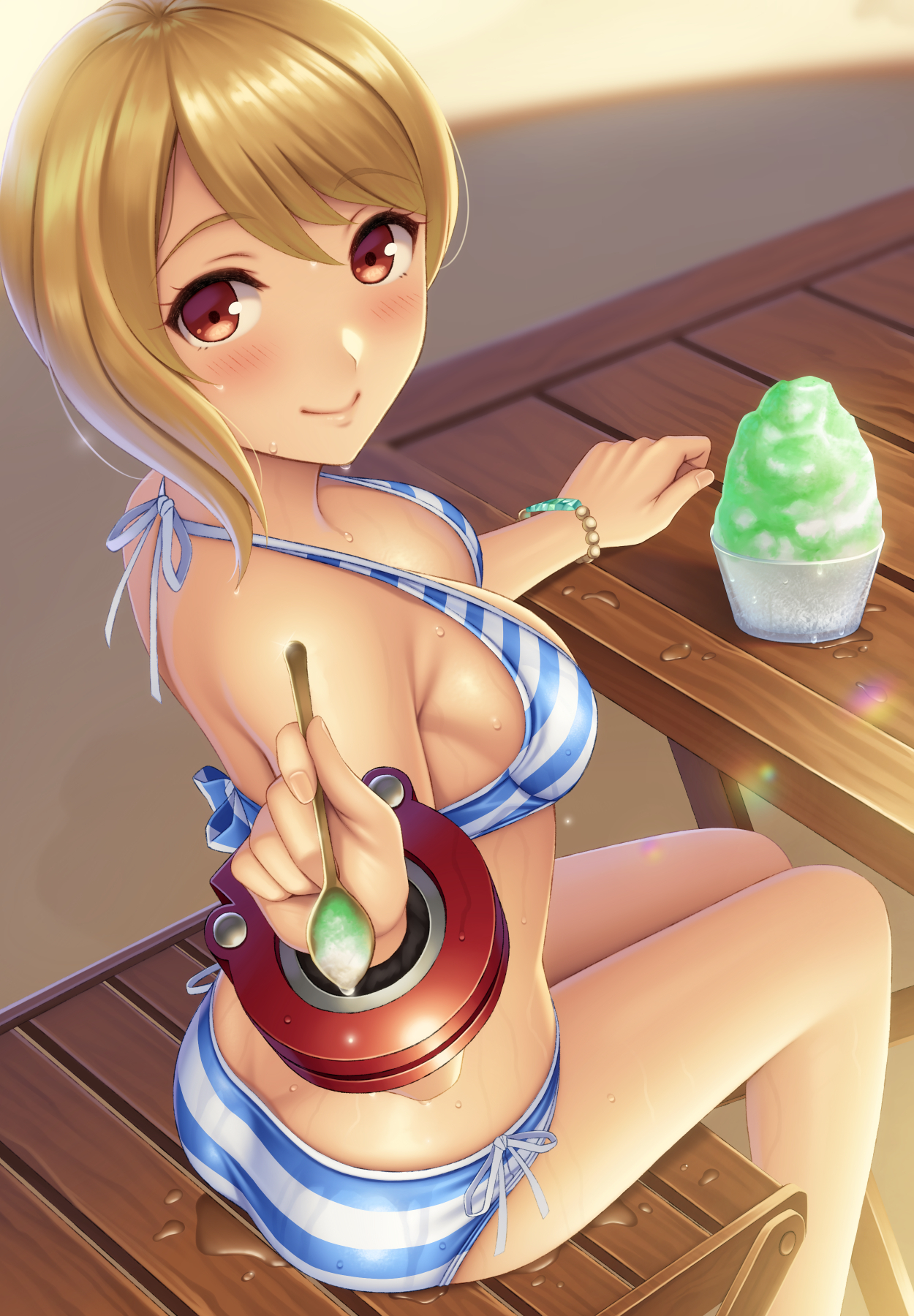 watanuki kaname, annette koenig, god eater, highres, 1girl, bikini, blonde hair, blush, breasts, brown eyes, food, holding, holding spoon, looking at viewer, shaved ice, short hair, sideboob, sitting, spoon, striped bikini, striped clothes, swimsuit