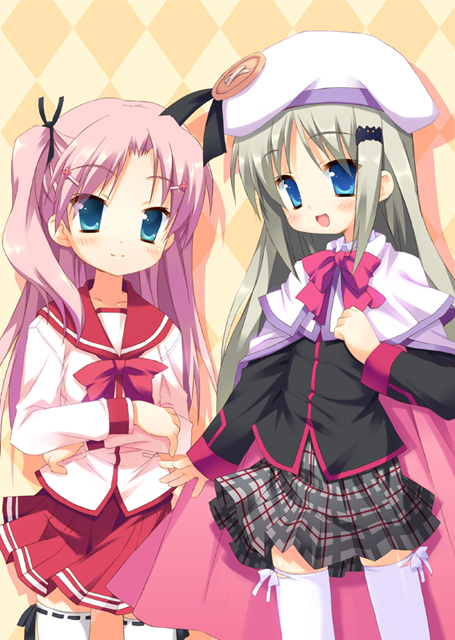 meito (maze), maaryan (to heart), noumi kudryavka, little busters!, to heart (series), to heart 2, silver hair, 00s, 2girls, blue eyes, bow, buttons, cape, cowboy shot, hat, large buttons, long hair, multiple girls, pink bow, pink hair, plaid clothes, plaid skirt, school uniform, serafuku, skirt, thighhighs