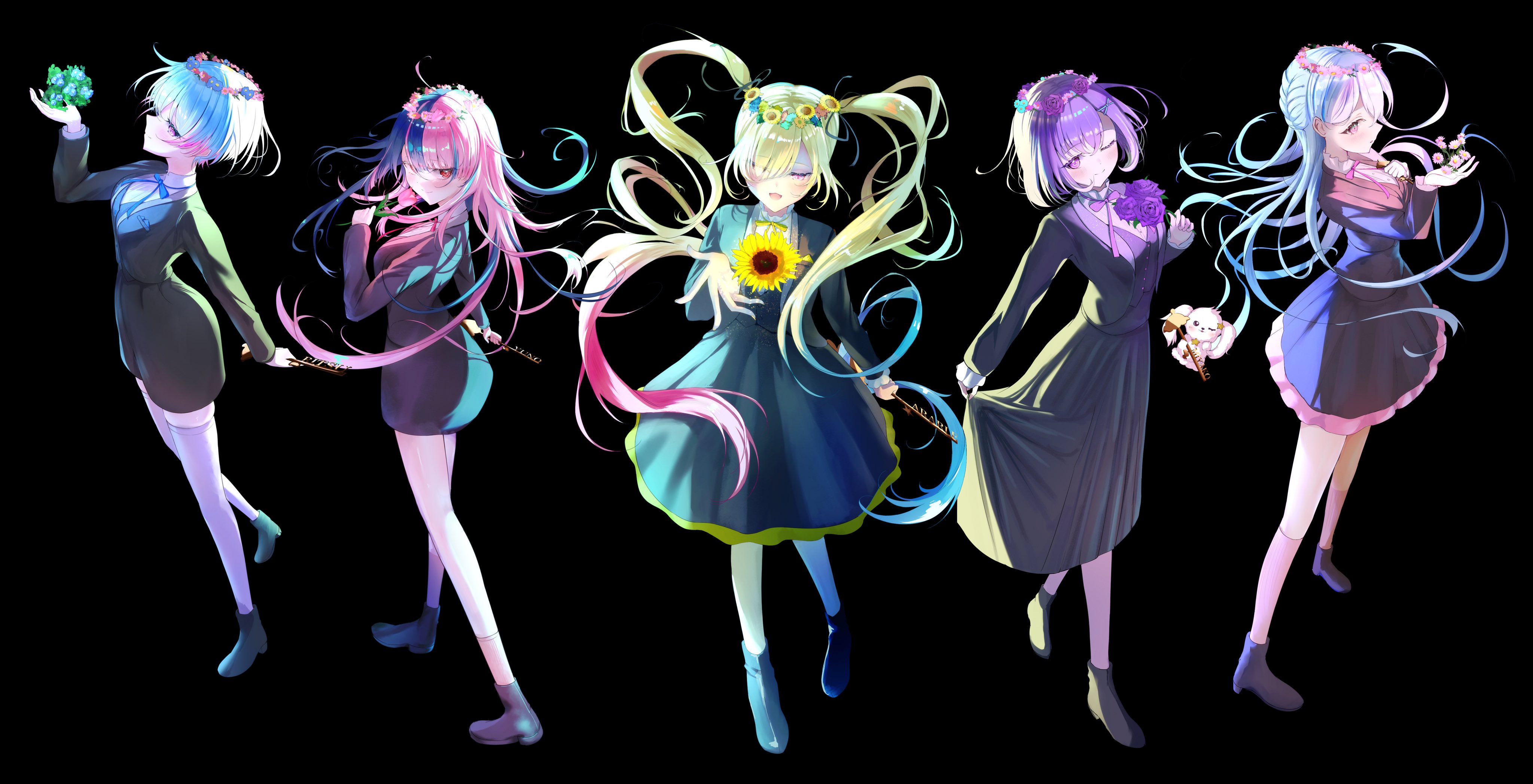 white garand, bang dream!, bang dream! mugendai mewtype, absurdres, commentary request, highres, 5girls, black background, black jacket, black shorts, black skirt, black vest, blonde hair, blue hair, blue ribbon, braid, floating hair, flower, flower stand art, flower wreath, fuji miyako, full body, hair flower, hair ornament, jacket, long hair, minetsuki ritsu, miyanaga nonoka, mugendai mewtype, multicolored hair, multiple girls, nakamachi arale, neck ribbon, one eye closed, open mouth, pink hair, pink ribbon, purple eyes, purple hair, purple ribbon, red eyes, red ribbon, ribbon, sengoku yuno, short hair, shorts, simple background, skirt, skirt hold, sunflower, thighhighs, twintails, two-tone hair, vest, virtual youtuber, white hair, white thighhighs, yellow ribbon
