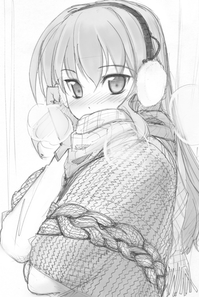 tsukigami runa, original, tagme, breath, earmuffs, greyscale, monochrome, solo