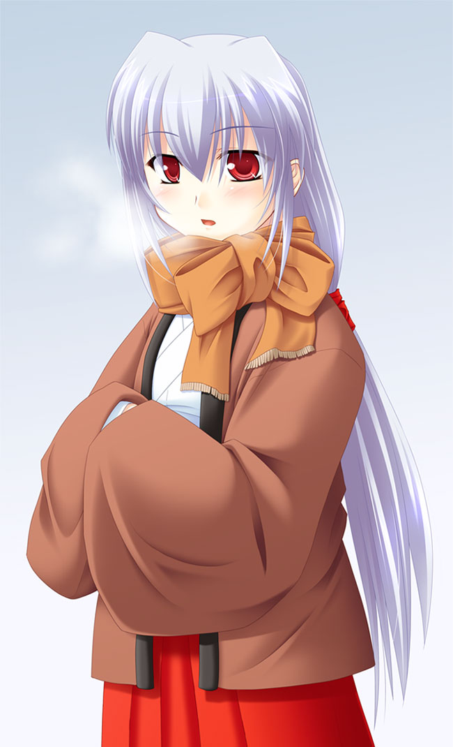 original, silver hair, 1girl, bow, breath, brown scarf, cowboy shot, female focus, hakama, hakama skirt, haori, japanese clothes, long hair, long sleeves, looking at viewer, orange scarf, pleated skirt, red eyes, red hakama, red skirt, scarf, skirt, solo, very long hair, wide sleeves