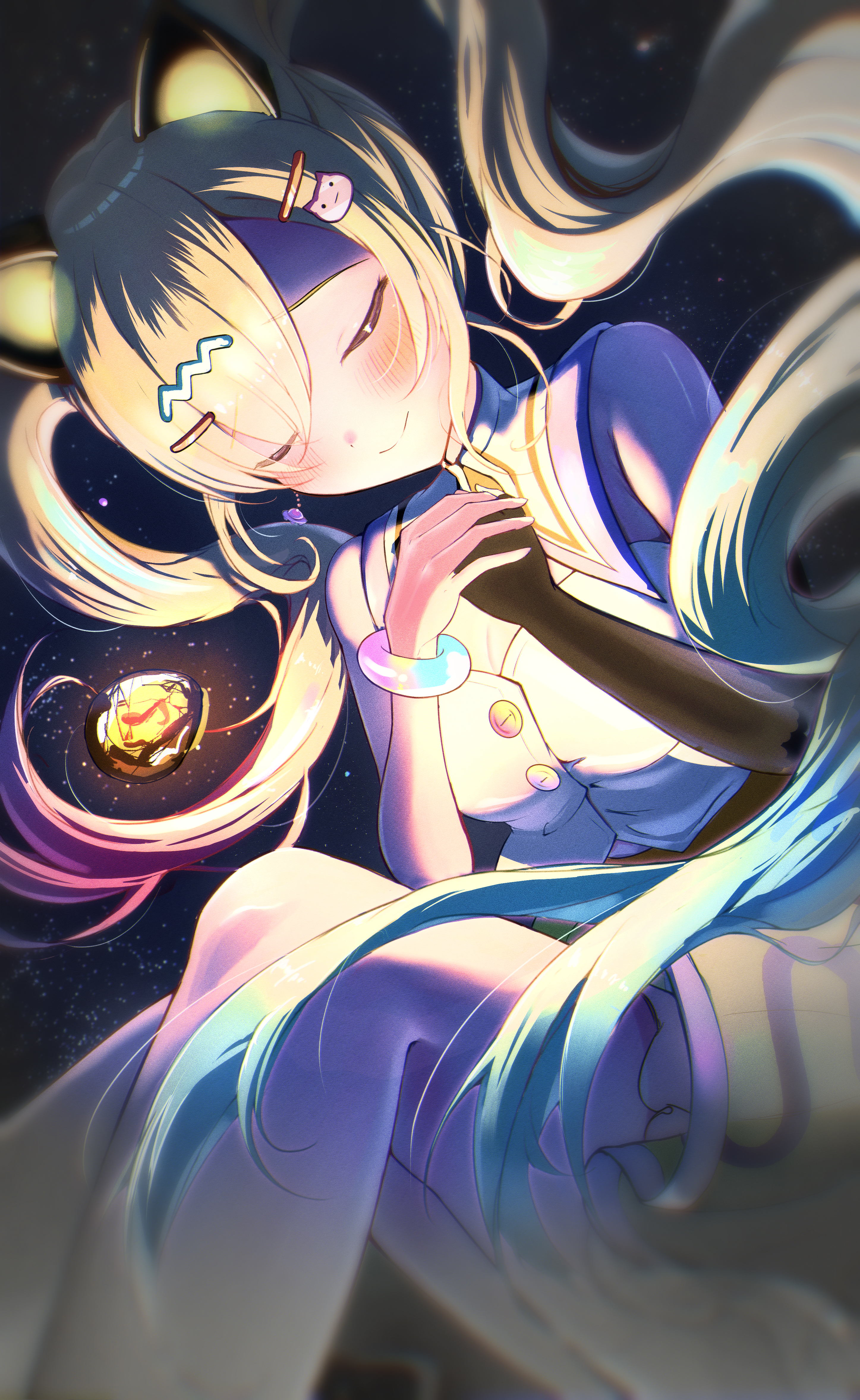 white garand, bang dream!, bang dream! mugendai mewtype, absurdres, commentary request, highres, 1girl, animal ear headphones, animal ears, blonde hair, cat ear headphones, fake animal ears, hair ornament, hairclip, headphones, long hair, nakamachi arale, shirt, solo, twintails, virtual youtuber, white shirt