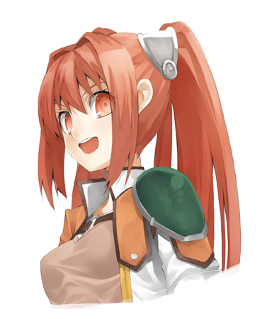 murata taichi, original, lowres, 1girl, breasts, collar, collarbone, female focus, looking at viewer, ponytail, red eyes, red hair, shoulder pads, simple background, skin tight, solo, upper body, white background