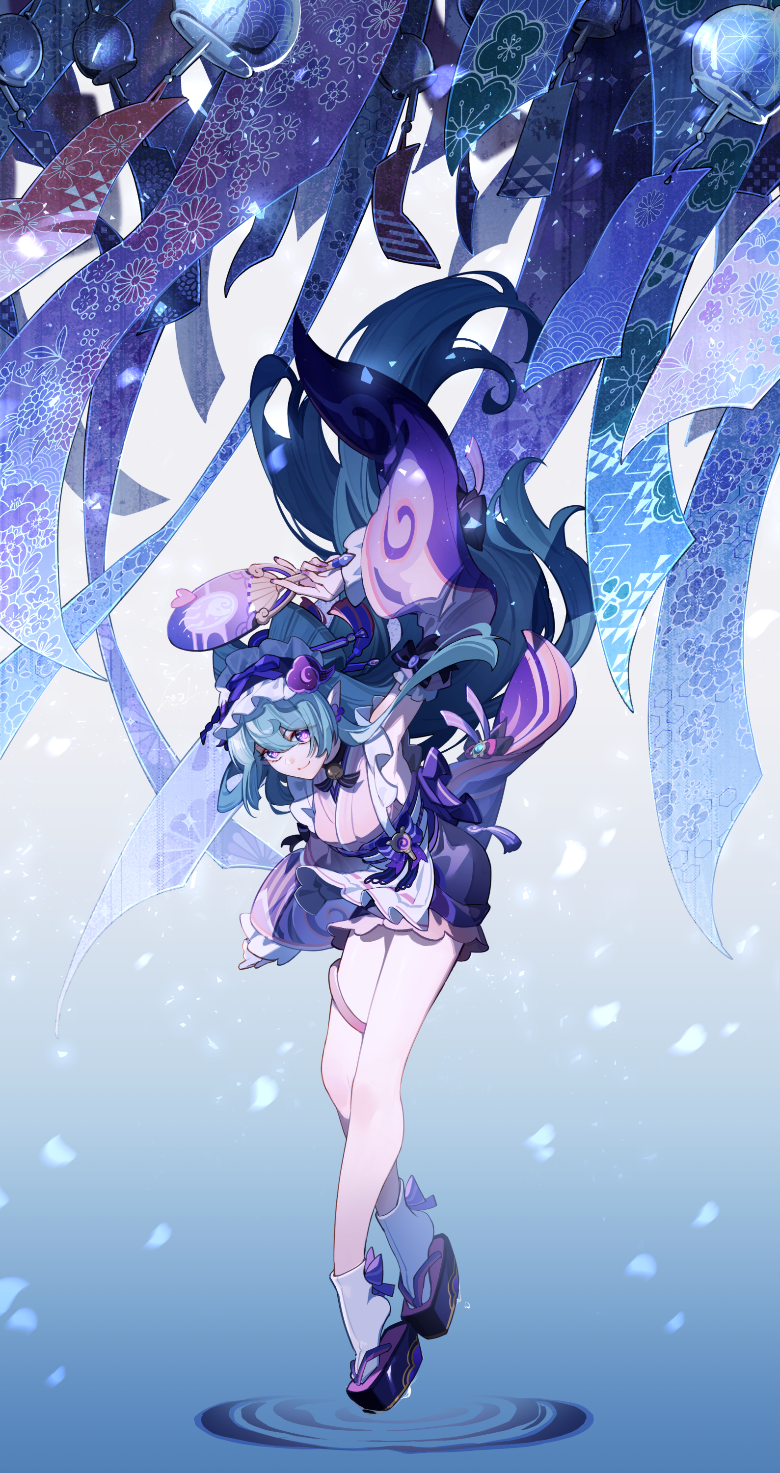 hizuki miya, yumemizuki mizuki, genshin impact, absurdres, highres, 1girl, apron, aqua hair, arm up, breasts, closed mouth, detached sleeves, frilled apron, frilled hairband, frills, hair between eyes, hairband, hand fan, holding, holding fan, japanese clothes, kimono, long hair, long sleeves, looking at viewer, maid, maid apron, pink kimono, pointy ears, purple eyes, sandals, smile, socks, solo, thighs, vision (genshin impact), wa maid, waist apron, white apron, white socks, wide sleeves
