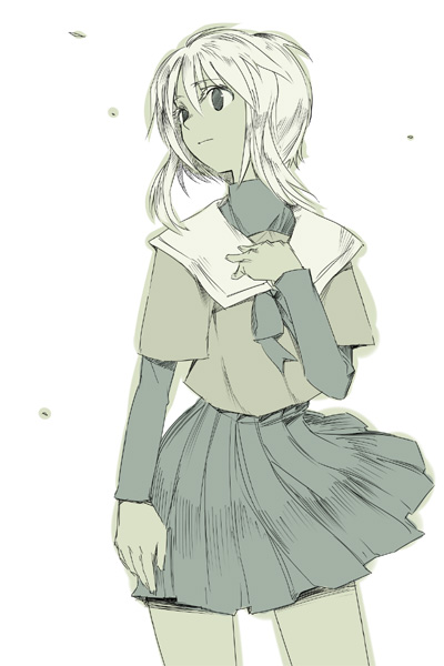 original, 1girl, female focus, green theme, monochrome, school uniform, serafuku, solo