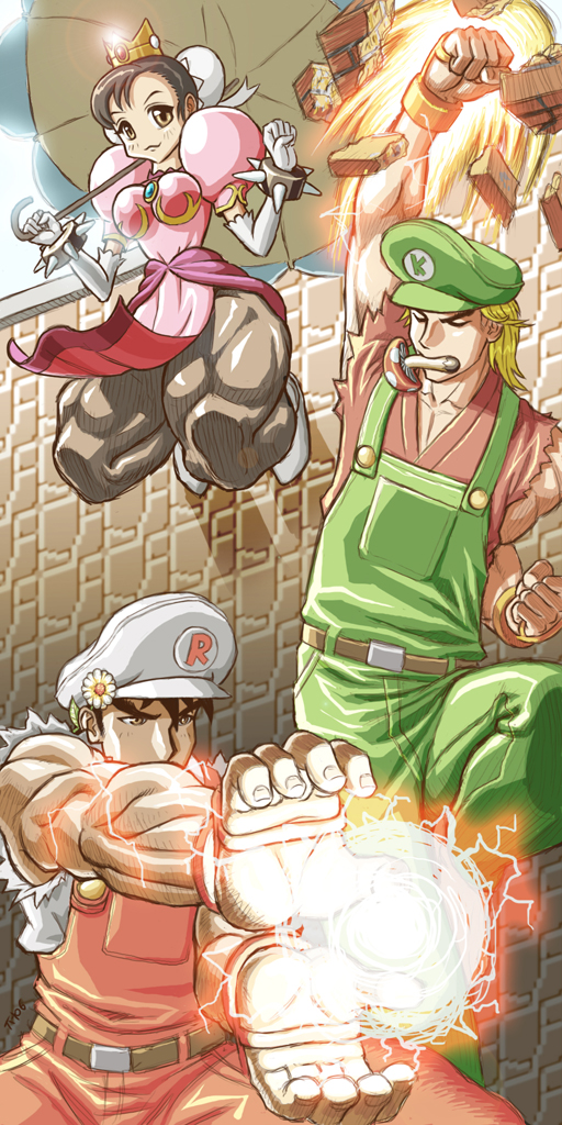 james chung, chun-li, ken masters, luigi, mario, princess peach, ryu (street fighter), capcom, mario (series), nintendo, street fighter, street fighter ii (series), 1girl, 2006, 2boys, aura, belt, blonde hair, bracelet, brown belt, brown hair, cosplay, crossover, crown, daisy (flower), dress, energy ball, flower, food, fruit, gloves, green cap, green overalls, hadouken, hair flower, hair ornament, hat, jewelry, luigi (cosplay), mario (cosplay), multiple boys, muscular, mushroom, overalls, pantyhose, parasol, parody, peach, pelvic curtain, pink dress, princess peach (cosplay), shouryuuken, signature, sleeveless, spiked bracelet, spikes, thick thighs, thighs, umbrella, uppercut, white cap, white gloves, white umbrella