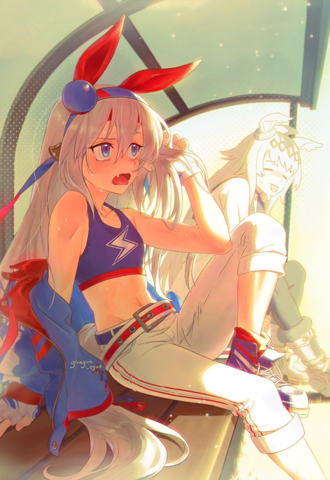 oguri cap (umamusume), tamamo cross (umamusume), umamusume, umamusume: cinderella gray, highres, 2girls, ahoge, animal ears, bare shoulders, belt, bench, black pantyhose, blue eyes, blue hairband, blue jacket, blue sailor collar, blush, boots, breasts, bus stop, closed eyes, closed mouth, collarbone, crop top, ear covers, ear ornament, fang, fingerless gloves, giragira egao, gloves, grey hair, grey tail, hair between eyes, hairband, headband, horse ears, horse girl, horse tail, jacket, lightning bolt symbol, long hair, long sleeves, midriff, multicolored hair, multiple girls, navel, oguri cap (starlight beat) (umamusume), open clothes, open mouth, pants, pantyhose, red headband, sailor collar, shirt, shoes, sitting, skirt, striped clothes, striped hairband, sweat, tail, tongue, tongue out, very long hair, white gloves, white jacket, white pants, white shirt
