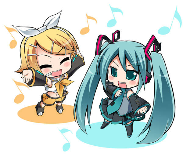 serebi ryousangata, hatsune miku, kagamine rin, vocaloid, black legwear, 2girls, :d, ^ ^, aqua hair, aqua necktie, black leg warmers, black skirt, blonde hair, closed eyes, detached sleeves, full body, leg warmers, long hair, long sleeves, multiple girls, musical note, neckerchief, necktie, open mouth, pleated skirt, quaver, sailor collar, school uniform, serafuku, shirt, short hair, short shorts, shorts, simple background, skirt, smile, swept bangs, thighhighs, twintails, very long hair, white background, white shirt, zettai ryouiki