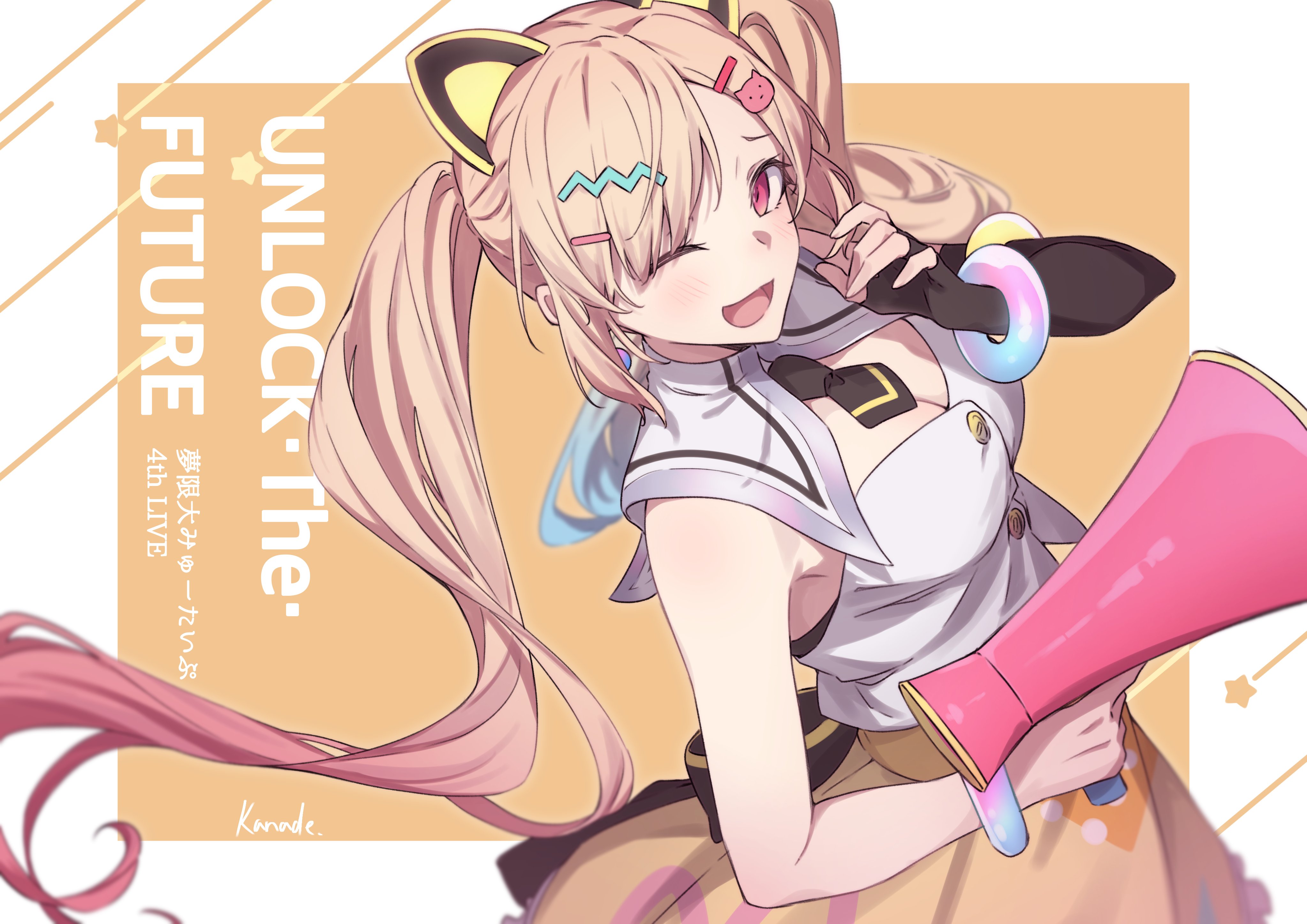 kanade (kanade 3344), bang dream!, bang dream! mugendai mewtype, absurdres, commentary request, highres, 1girl, animal ears, artist name, black gloves, black necktie, blush, breasts, cat ears, cleavage, fake animal ears, fingerless gloves, gloves, gradient hair, hair ornament, hairclip, megaphone, multicolored hair, nakamachi arale, necktie, one eye closed, open mouth, pink eyes, pink hair, shirt, short necktie, single glove, skirt, solo, white shirt, yellow skirt