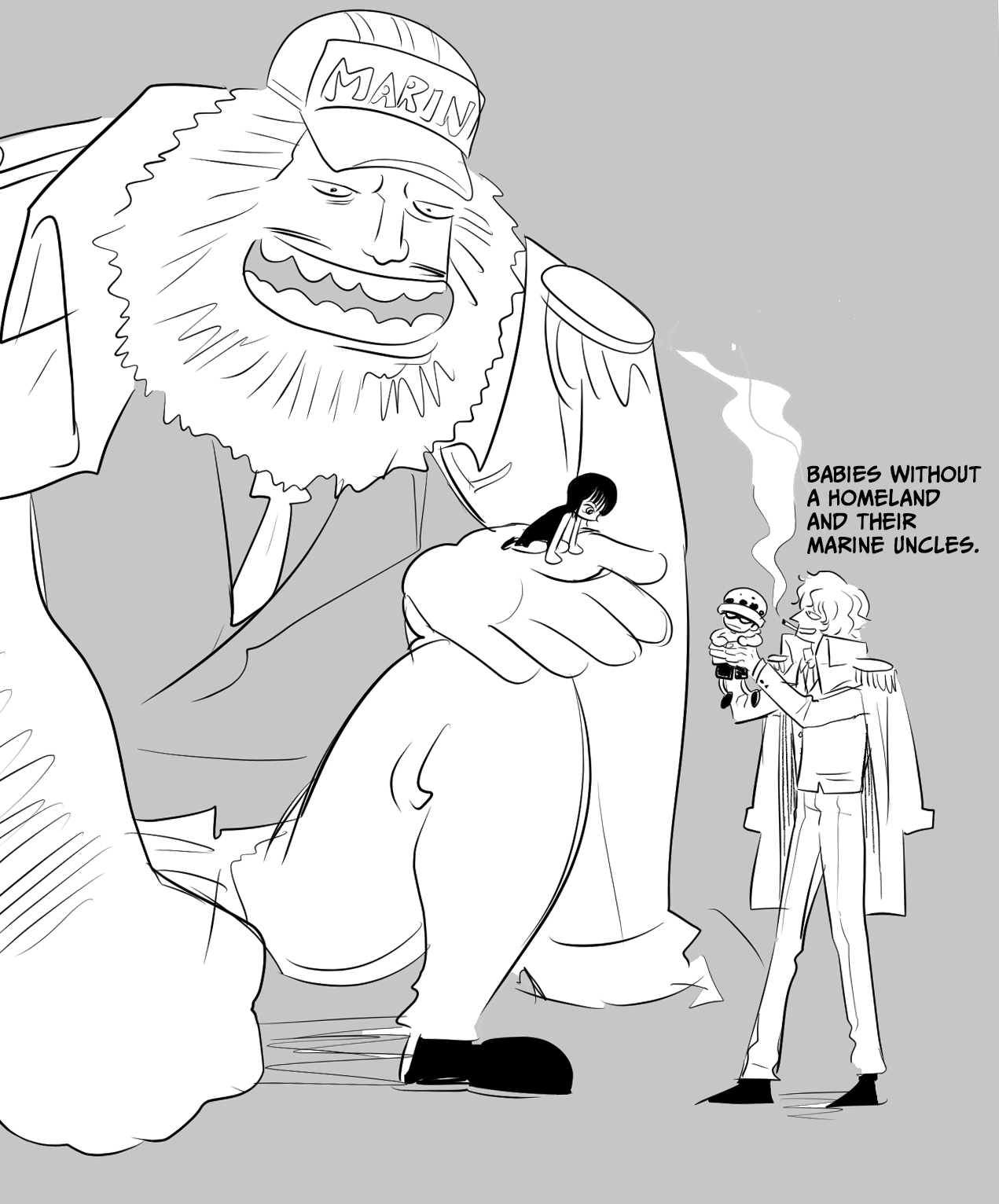 tesstessgreen, donquixote rocinante, jaguar d. saul, nico robin, trafalgar law, one piece, commentary, english commentary, highres, 1girl, 3boys, aged down, beard, blunt bangs, carrying, carrying person, cigar, cigarette, coat, coat on shoulders, dress, epaulettes, facial hair, giant, hat, monochrome, multiple boys, necktie, round teeth, short hair, smile, teeth
