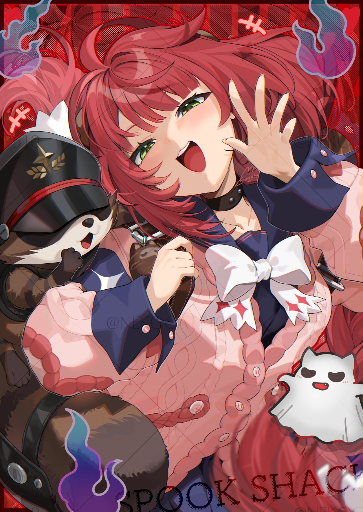 gotoh (nekocat), kamanosuke (zenless zone zero), ukinami yuzuha, zenless zone zero, highres, 1girl, 1other, backpack, bag, cardigan, charm (object), chest bow, ghost, green eyes, hair ornament, hat, hearing aid, looking at viewer, open mouth, pink cardigan, raccoon, red background, red hair, sphere hair ornament, tanuki, teeth, upper teeth only, waving