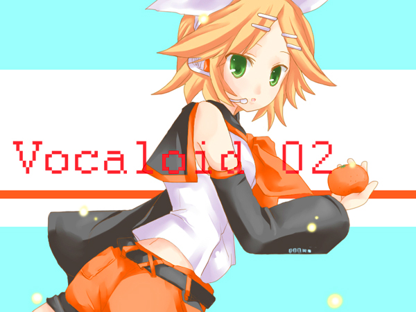 kagamine rin, vocaloid, 1girl, :o, belt, blonde hair, bow, detached sleeves, female focus, food, fruit, green eyes, hair ornament, hairclip, headphones, headset, holding, holding food, holding fruit, open mouth, orange (fruit), shirt, short hair, shorts, sleeveless, sleeveless shirt, solo