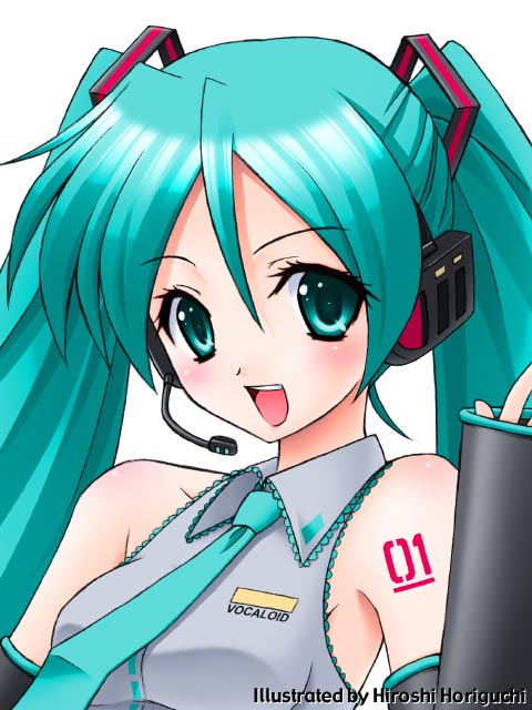 horiguchi hiroshi, hatsune miku, vocaloid, 1girl, :d, aqua hair, artist name, collared shirt, copyright name, detached sleeves, female focus, grey shirt, hair between eyes, hair ornament, headphones, long hair, looking at viewer, microphone, necktie, open mouth, shirt, simple background, smile, solo, tattoo, twintails, upper body, white background
