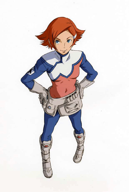 yoshida ken'ichi, sara kodama, overman king gainer, 00s, blue eyes, boots, gloves, hair ornament, hairclip, orange hair, short hair, smile, solo, standing