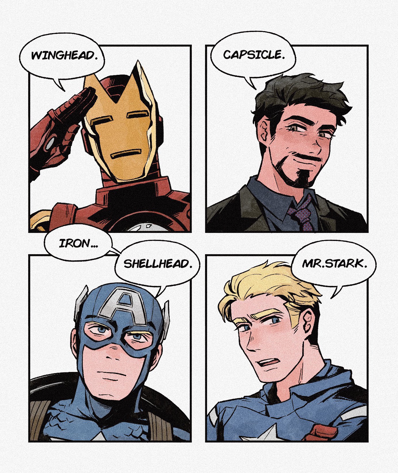 weibo 7899261198, captain america, iron man, steve rogers, tony stark, avengers (series), marvel, highres, 2boys, armor, black hair, black jacket, black shirt, blonde hair, blue bodysuit, blue eyes, bodysuit, border, brown eyes, closed mouth, collared shirt, covered collarbone, english text, facial hair, formal clothes, gloves, hand up, helmet, hood, hooded bodysuit, jacket, lapels, looking at viewer, male focus, multicolored armor, multiple boys, multiple views, necktie, open clothes, open jacket, open mouth, polka dot necktie, purple necktie, red armor, red gloves, shield, shield on back, shirt, short hair, simple background, smile, speech bubble, star (symbol), superhero costume, teeth, upper body, white background, white border, yellow armor