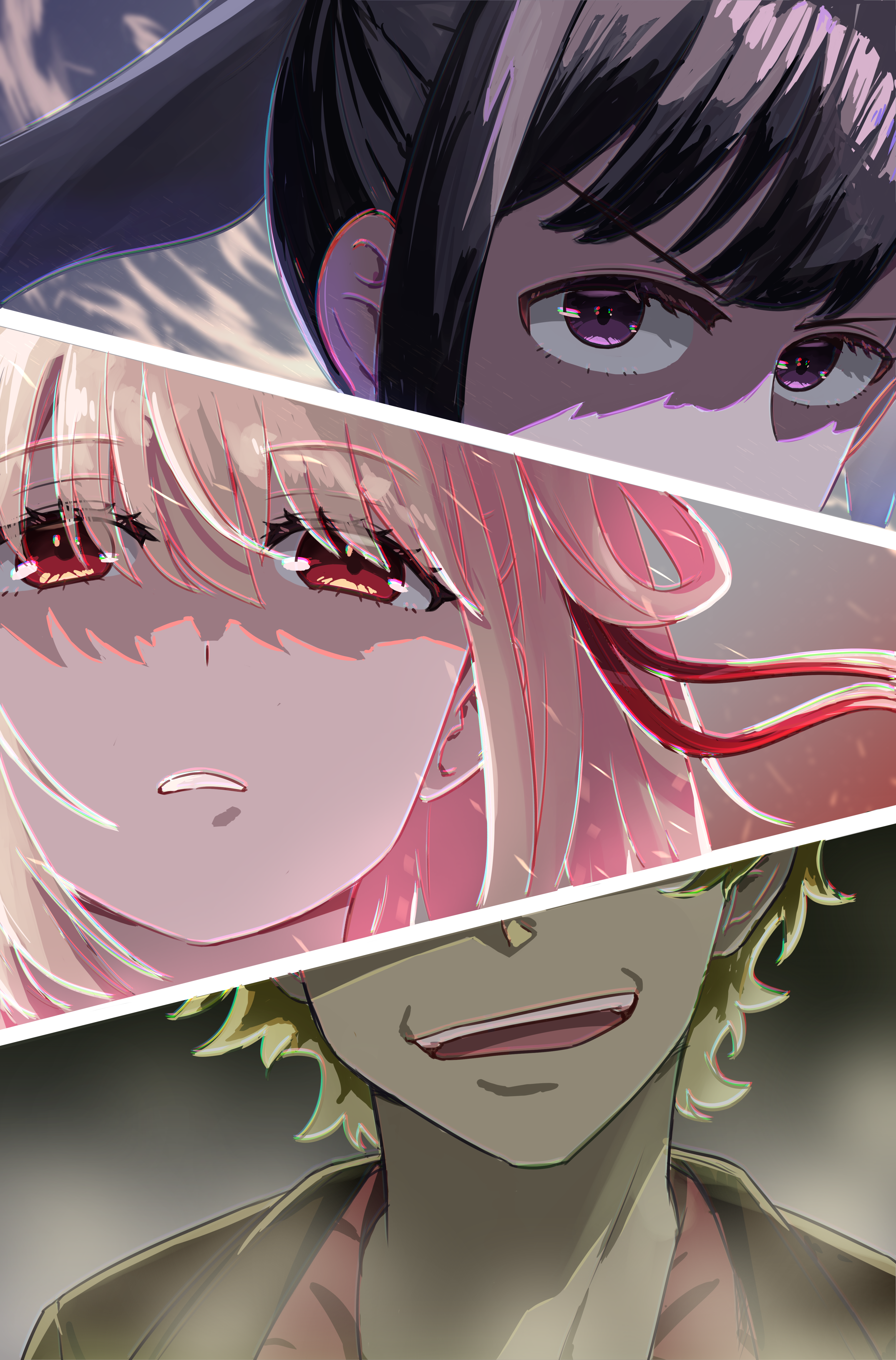 chai haru, inoue takina, majima (lycoris recoil), nishikigi chisato, lycoris recoil, absurdres, commentary request, highres, 1boy, 2girls, black hair, blonde hair, floating hair, green hair, hair ribbon, multiple girls, open mouth, ponytail, purple eyes, red eyes, red ribbon, ribbon