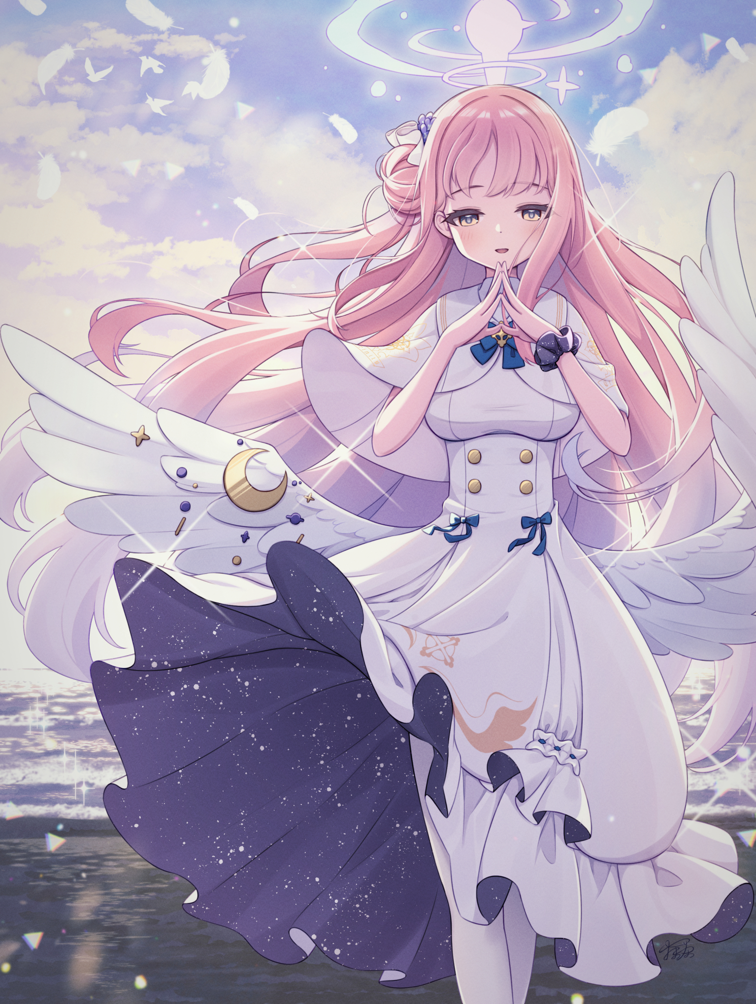 matchamassa, mika (blue archive), blue archive, highres, 1girl, angel wings, blue bow, blush, bow, breasts, buttons, capelet, crescent, double-breasted, dress, falling feathers, feathered wings, feathers, gradient hair, hair bun, halo, high-waist skirt, long hair, looking at viewer, low wings, medium breasts, multicolored hair, open mouth, pantyhose, pink halo, scrunchie, single hair bun, single side bun, skirt, smile, solo, underbust, very long hair, white capelet, white dress, white feathers, white pantyhose, white wings, wing ornament, wings, wrist scrunchie, yellow eyes