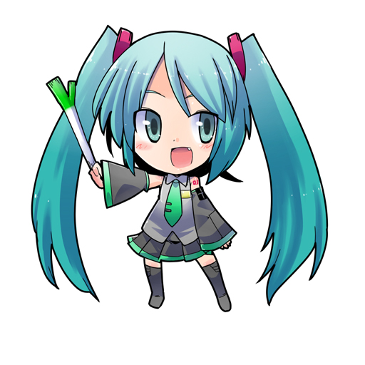 kiku hitomoji, tora tooru, toru tooru, hatsune miku, vocaloid, 1girl, aqua hair, chibi, female focus, long hair, solo, spring onion, thighhighs, twintails, very long hair