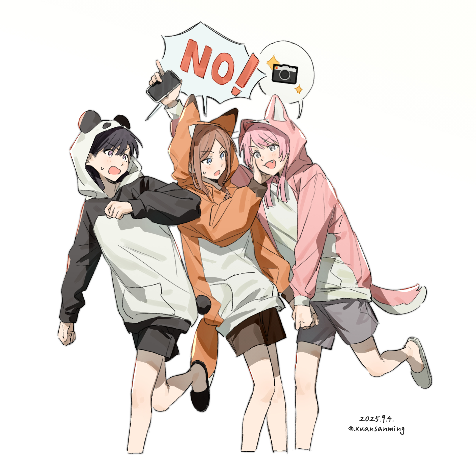 uzr akira, chihaya anon, nagasaki soyo, shiina taki, bang dream!, bang dream! it's mygo!!!!!, commentary, hashtag-only commentary, highres, 3girls, animal hood, black shorts, blue eyes, brown hair, brown shorts, dated, dog hood, fake tail, fang, fox hood, grey eyes, grey shorts, holding hands, hood, hood up, hoodie, long hair, long sleeves, multiple girls, open mouth, panda hood, pink hair, purple eyes, shorts, sidelocks, sweatdrop, tail, white hoodie
