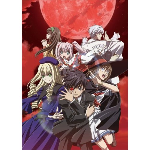 adilisia lenn mathers, honami takase ambler, iba itsuki, katsuragi mikan, kuroha manami, nekoyashiki ren, rental magica, lowres, 00s, 2boys, 4girls, cat, drill hair, everyone, glasses, hat, japanese clothes, miko, moon, multiple boys, multiple girls, wand, witch, witch hat