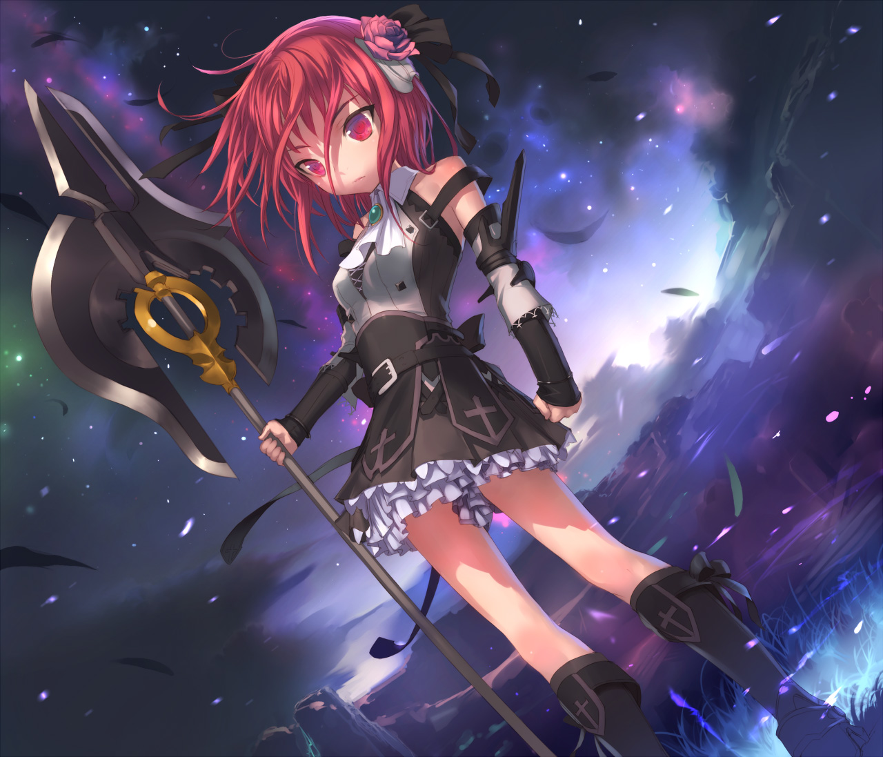 uni (plastic girl), original, 1girl, axe, bare shoulders, boots, detached sleeves, female focus, flower, hair flower, hair ornament, hair ribbon, long legs, red eyes, red hair, ribbon, short hair, solo, weapon