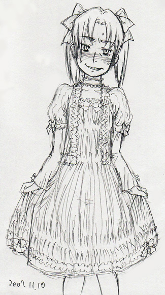 yuuya (yu-ya's), amasawa yuuko, dennou coil, 00s, 1girl, blunt bangs, blush, cowboy shot, dress, female focus, greyscale, head tilt, looking at viewer, monochrome, nose blush, puffy short sleeves, puffy sleeves, short hair, short sleeves, simple background, solo, twintails, white background