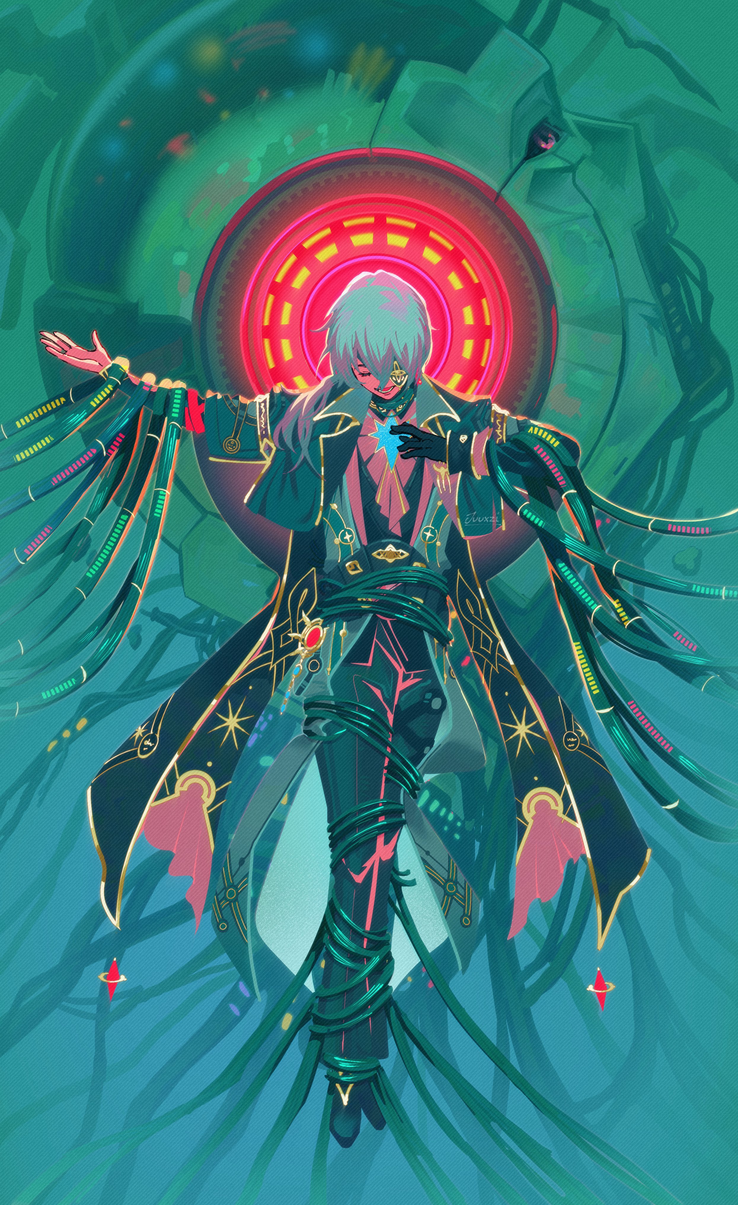 juuxzi, anaxa (honkai: star rail), nous (honkai: star rail), honkai: star rail, honkai (series), absurdres, commentary, english commentary, highres, 1boy, aqua coat, aqua hair, ascot, black capelet, black gloves, black pants, black shoes, black vest, capelet, closed eyes, coat, eyepatch, gloves, hair over shoulder, low ponytail, male focus, pants, ponytail, shirt, shoes, single glove, solo, vest, white ascot, white shirt