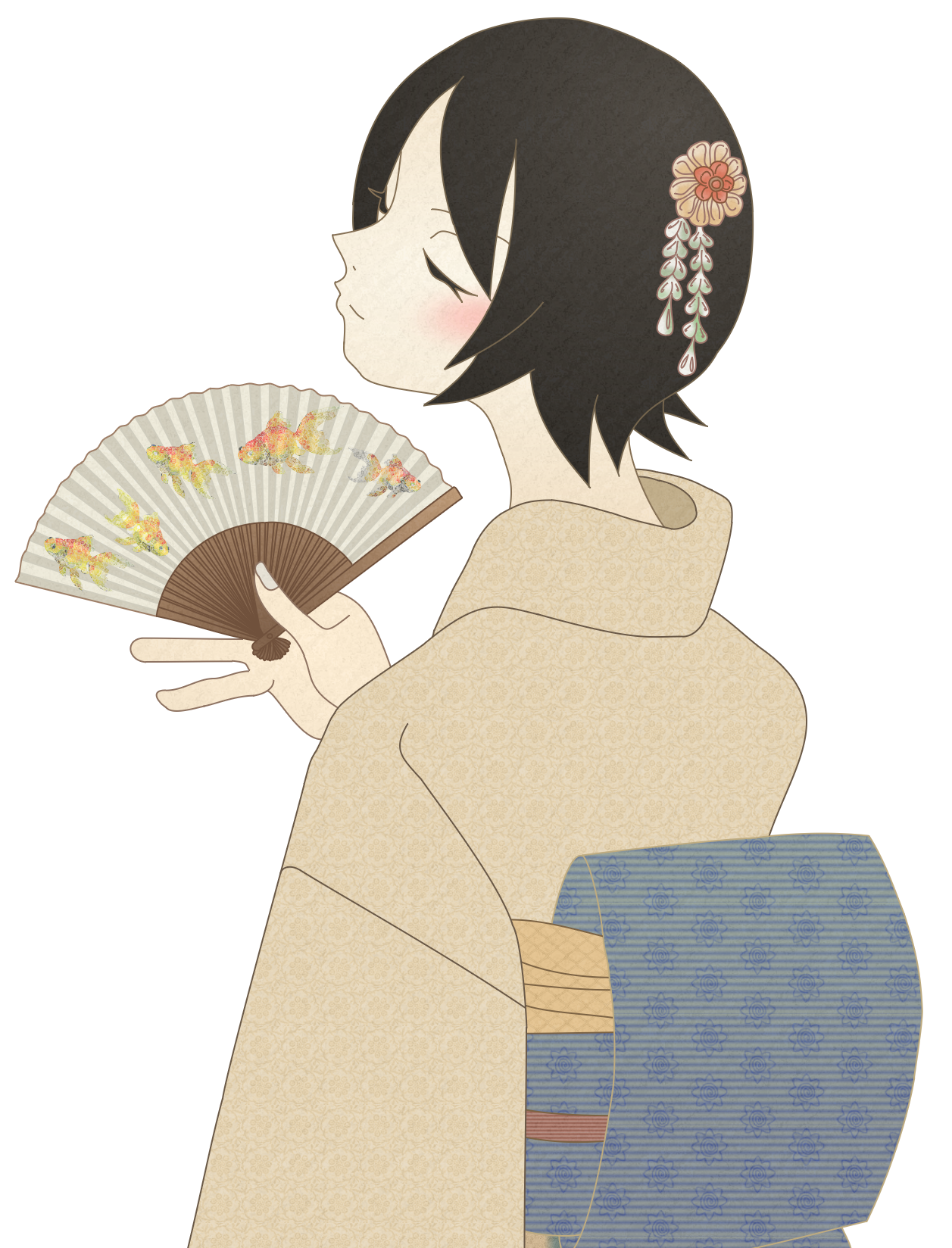 anonymous soup, hitou nami, sayonara zetsubou sensei, highres, 00s, folding fan, hand fan, japanese clothes, kimono, solo, transparent background, unmoving pattern
