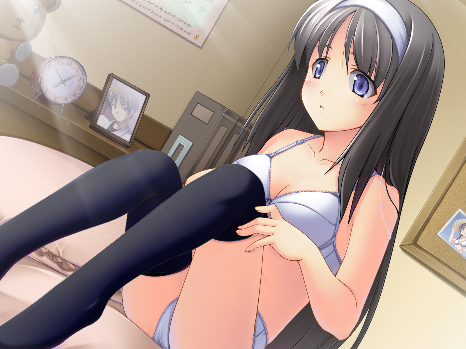 atsushima you, highres, 1girl, bra, female focus, hairband, lingerie, panties, solo, thighhighs, underwear