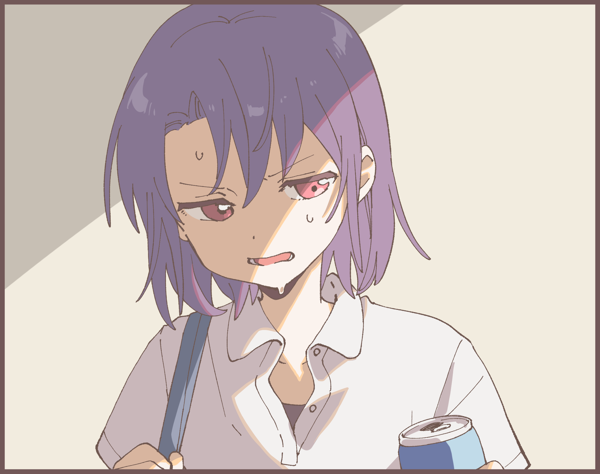 namori, original, commentary request, highres, 1girl, bag, black border, blue bag, border, can, collarbone, collared shirt, curtained hair, frown, grey background, holding, holding bag, holding can, looking at viewer, open mouth, pink eyes, purple hair, school bag, shadow, shirt, short hair, short sleeves, simple background, solo, sweat, teeth, unbuttoned, unbuttoned shirt, undershirt, white shirt