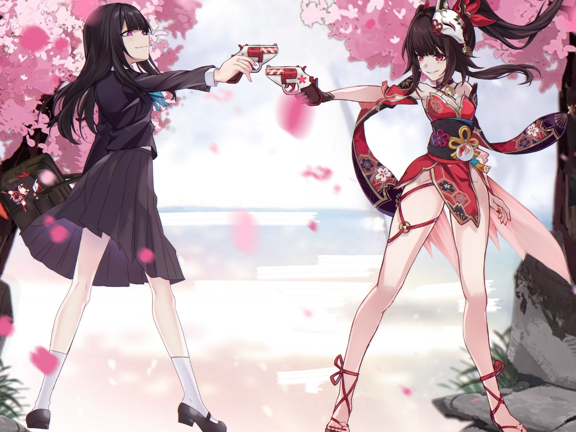 saint laurent paris, sparkle (honkai: star rail), sparkle (school uniform) (honkai: star rail), honkai: star rail, honkai (series), commentary request, highres, 2girls, aiming, bag, bag charm, bare shoulders, bell, black bag, black choker, black jacket, black shoes, black skirt, blazer, blue ribbon, breasts, brown hair, character charm, charm (object), cherry blossoms, choker, detached sleeves, dress, dual persona, falling petals, floating hair, fox mask, full body, gloves, gun, handgun, holding, holding gun, holding weapon, jacket, long hair, long sleeves, looking at another, mark under both eyes, mask, mask on head, multiple girls, neck bell, neck ribbon, o-ring, obi, outstretched arm, parted lips, petals, pink eyes, pleated skirt, red dress, revolver, ribbon, sandals, sash, school bag, school uniform, shirt, shoes, single glove, skirt, small breasts, smile, snubnosed revolver, socks, tree, twintails, weapon, white shirt, white socks