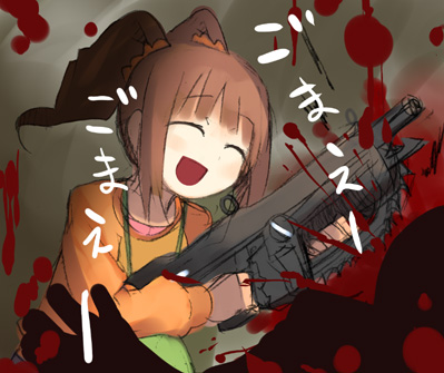 takatsuki yayoi, gears of war, idolmaster, idolmaster (classic), idolmaster 1, lowres, 1girl, :d, blood, brown hair, chainsaw, closed eyes, crossover, death, female focus, gun, happy, lancer (gears of war), murder, open mouth, parody, raglan sleeves, smile, solo, twintails, weapon