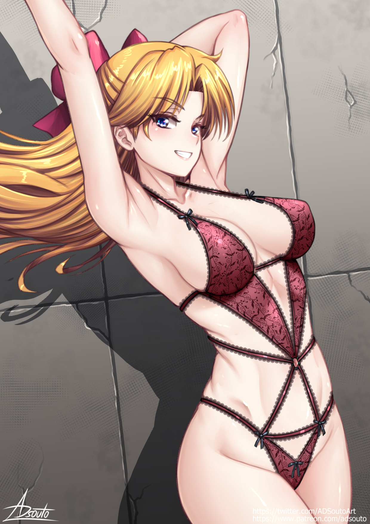 adsouto, aino minako, bishoujo senshi sailor moon, highres, 1girl, armpits, arms up, blonde hair, blue eyes, bow, breasts, cleavage, collarbone, hair bow, large breasts, lingerie, lips, long hair, looking at viewer, navel, parted bangs, red bow, smile, thick thighs, thighs, underwear