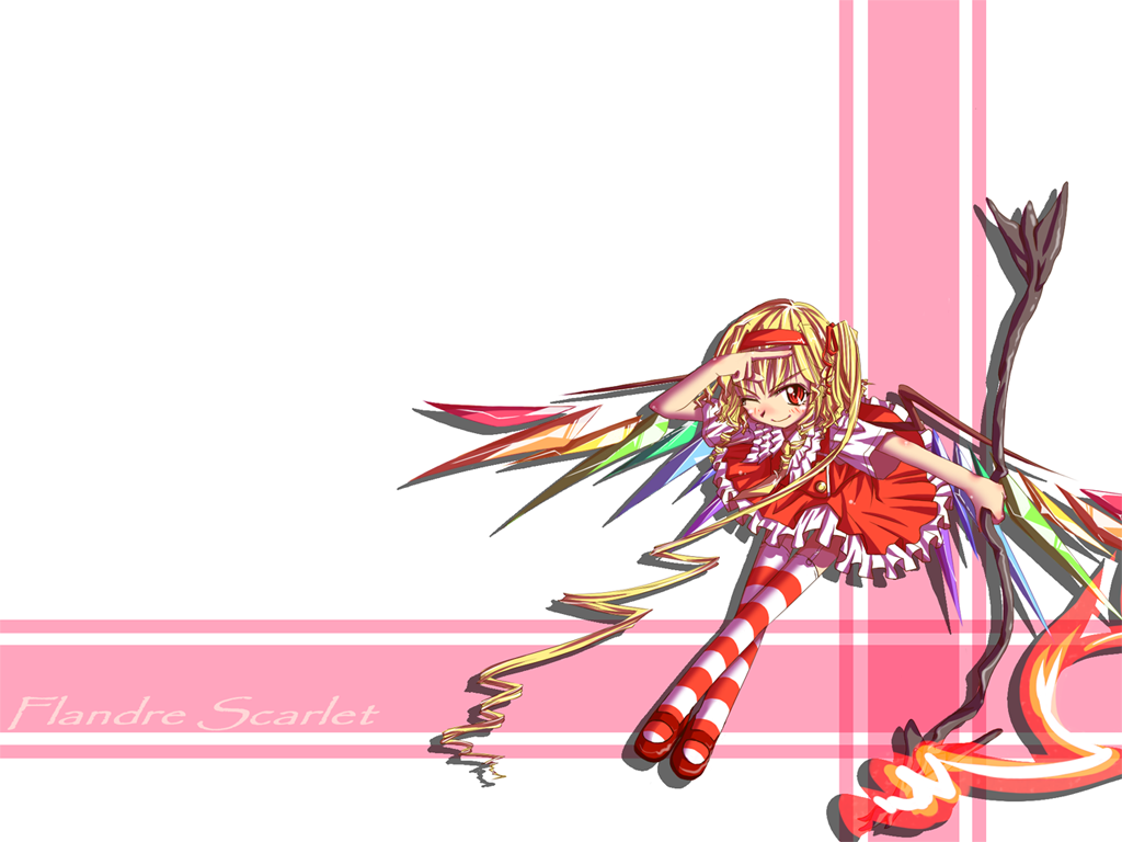same no hito, flandre scarlet, touhou, 1girl, ascot, blonde hair, blush, character name, female focus, frilled skirt, frills, full body, hairband, laevatein, long hair, one eye closed, red eyes, red shoes, red skirt, shoes, side ponytail, simple background, skirt, solo, striped clothes, striped thighhighs, thighhighs, very long hair, wings